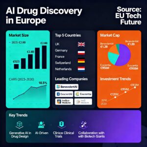 This infographic presents the landscape of AI in drug discovery throughout Europe for 2025, using a unique color scheme and displaying "Source: EU Tech Future" in the top right corner. It highlights the sector's rapid growth with a market size of $1.89 billion in 2024 projected to reach $10.9 billion by 2029, and a CAGR of 45.7%. Major contributing countries include the UK, Germany, France, Switzerland, and others. Technology shares are illustrated in a pie chart showing the dominance of machine learning, deep learning, natural language processing, and generative AI. The infographic lists leading companies—such as Exscientia, BenevolentAI, Owkin, and Evotec—with respective market caps and features recent investment amounts for notable startups. Key industry trends are noted, including extensive EU funding, the rise of precision medicine, and greater focus on clinical trial automation, capturing Europe's dynamic approach to AI-powered drug discovery.
