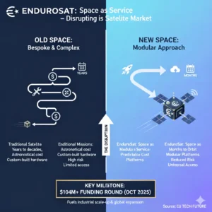 Infographic titled "EnduroSat: Space as a Service – Disrupting the Satellite Market." The image is split vertically into two contrasting columns. The LEFT COLUMN ("OLD SPACE: Bespoke & Complex") illustrates traditional, slow processes with icons for years, high cost, and complex repairs/engineering, detailing issues like bespoke hardware and high risk. The RIGHT COLUMN ("NEW SPACE: Modular Approach") shows a simplified process path leading to a modern satellite graphic, illustrating the shift to months-to-orbit, predictable costs, and universal access via EnduroSat's modular platforms. A large vertical arrow labeled "THE DISRUPTION" separates the columns. At the bottom, a central banner highlights the "KEY MILESTONE: $104M+ FUNDING ROUND (OCT 2025)", with the source listed as "EU TECH FUTURE."