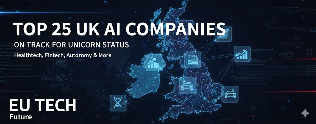 Feature image showing a digital, stylized map of the United Kingdom overlaid with glowing data points and icons representing key AI sectors (Fintech, Healthtech, Autonomy). Text reads "Top 25 UK AI Companies on Track for Unicorn Status" with the EU Tech Future logo.